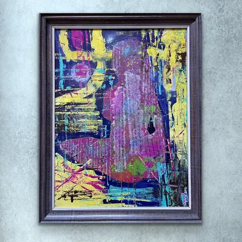 Sold original by Agata May'kowska — An abstract painting of a mermaid with long hair, sitting among vibrant colors, framed and hung on a wall.