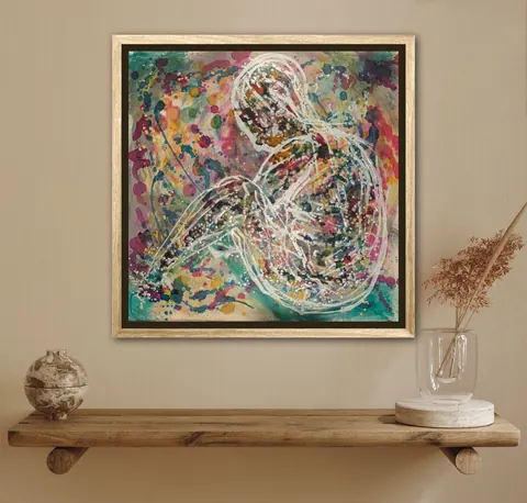 Sold original by Agata May'kowska — Abstract painting of a seated woman painting on a wall