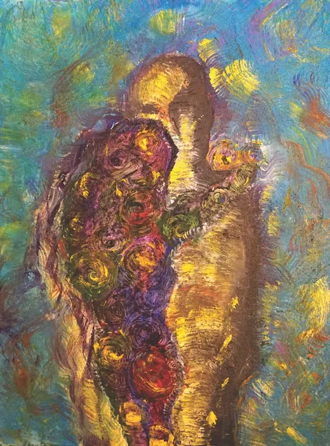 Sold original by Agata May'kowska — An abstract painting of a woman holding a bouquet of colorful roses, with swirling brushstrokes and vibrant colors.