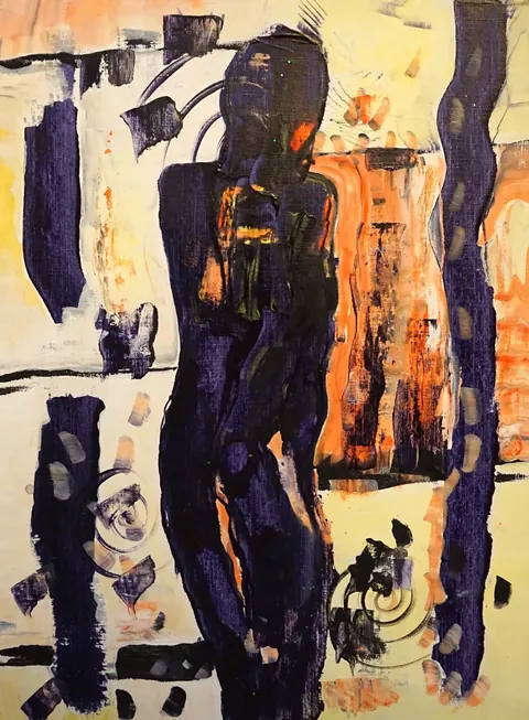 Sold original by Agata May'kowska — An abstract painting of a woman in black and orange tones, with dark lines and shapes surrounding her, and a background of warm colors including orange, yellow, and…