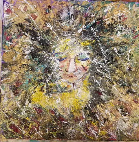 Sold original by Agata May'kowska — Abstract painting of a woman's face with eyes closed, surrounded by splashes of yellow, white, black, and other colors, with a textured, layered appearance.