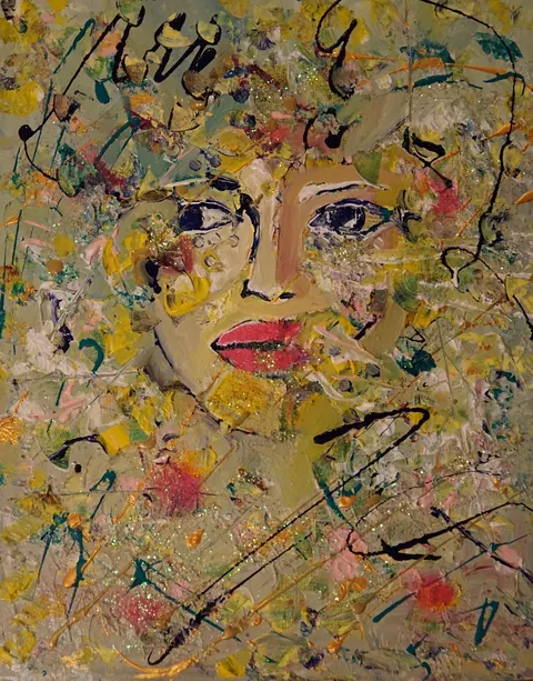 Sold original by Agata May'kowska — Abstract painting of a woman's face with vibrant colors, textured brushstrokes, glitter accents, and splattered paint.