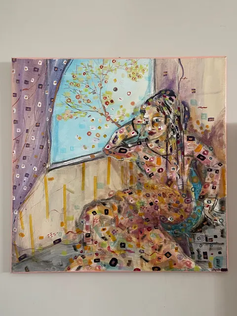 Sold original by Agata May'kowska — An abstract painting of a woman sitting by a window with a tree outside. The woman has her head resting on her hand, and the scene is filled with colorful shapes and…