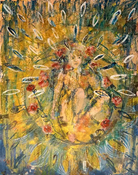 Sold original by Agata May'kowska — An abstract painting of a woman surrounded by flowers and leaves, with vibrant colors and textured brushstrokes.