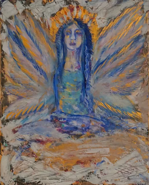 Sold original by Agata May'kowska — An abstract painting of a woman with blue hair and wings, with a halo around her head, in a mix of blue, gold, and earthy tones.