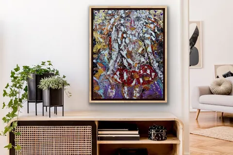 Sold original by Agata May'kowska — Abstract painting of a woman with long hair, wearing red and white jewelry, hanging on a white wall in a modern living room with plants and a beige sofa.