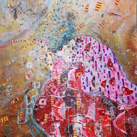 Sold original by Agata May'kowska — An abstract painting of a woman with pink and white patterned clothing, with curly blue hair, kissing a child, surrounded by vibrant colors and textured elements.