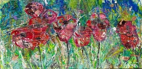 Sold original by Agata May'kowska — Abstract painting of red flowers with green stems on a colorful, textured background with splatters and drips.