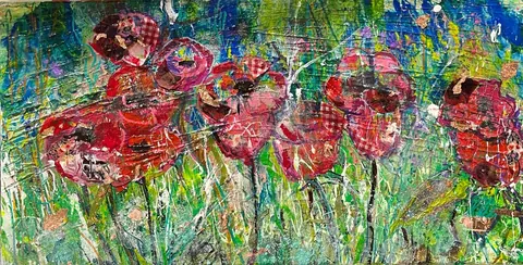 Sold original by Agata May'kowska — Abstract painting of red poppies with colorful background, textured with splashes, drips, and layered paint.