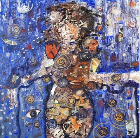 Sold original by Agata May'kowska — Abstract painting of three women with a blue background, swirling patterns, and collage elements.