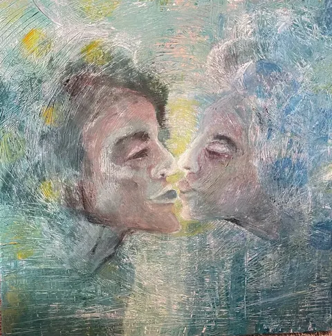 Sold original by Agata May'kowska — An abstract painting of two women with their faces close together, kissing, with textured brushstrokes and a colorful background.