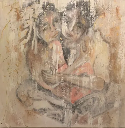 Sold original by Agata May'kowska — Abstract painting of two women with their heads touching, one with dark curly hair and the other with lighter hair, both with expressive eyes and lips.