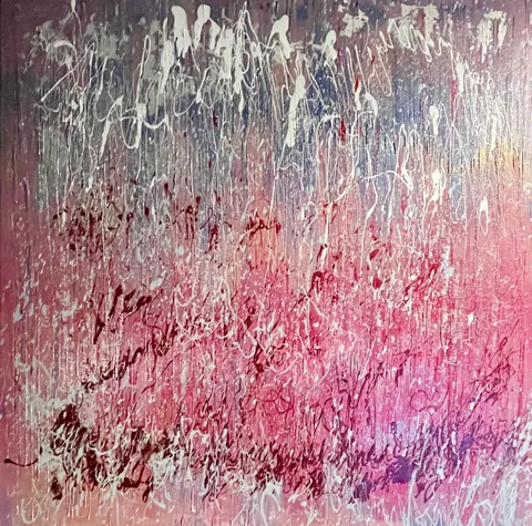 Sold original by Agata May'kowska — Abstract painting with a gradient background transitioning from gray and darker hues at the top to pink and purple at the bottom. Overlaid are chaotic, cursive…