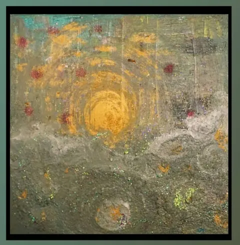 Sold original by Agata May'kowska — An abstract painting with a large yellow spiral at the center, surrounded by scattered red dots, and a textured surface with hints of glitter and muted colors.