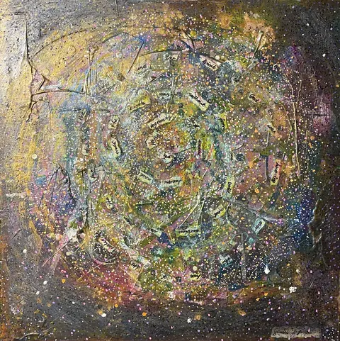 Sold original by Agata May'kowska — Abstract painting with a spiral design, splattered with multicolored dots and handwritten words around the spiral.