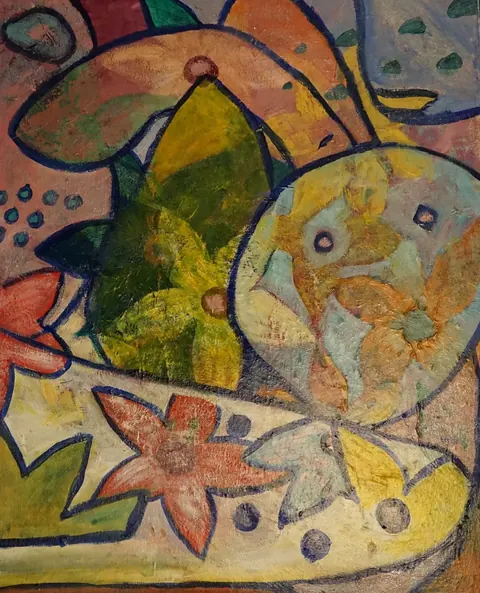 Sold original by Agata May'kowska — Abstract painting with colorful fruits and flowers outlined in bold dark lines.
