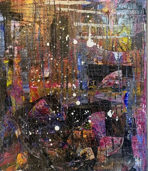 Sold original by Agata May'kowska — Abstract painting with dark and vibrant colors, white paint splatters, and layered textures.