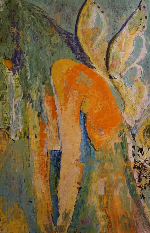 Sold original by Agata May'kowska — Abstract painting with orange, yellow, green, purple, and blue brushstrokes.