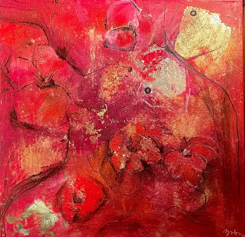 Sold original by Agata May'kowska — Abstract painting with red, gold, black, and white colors and textured surface.