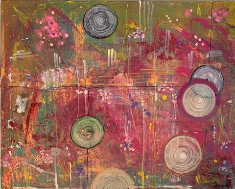 Sold original by Agata May'kowska — Abstract painting with red, pink, green, and purple background, featuring circular shapes and splashes of white, purple, yellow, and black paint.