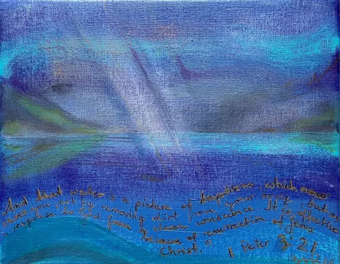 Sold original by Agata May'kowska — Abstract painting with swirling blue and green colors and a handwritten quote at the bottom that reads, "And what weather is a picture of the future, where none but a…