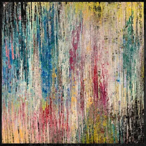 Sold original by Agata May'kowska — Abstract painting with vertical streaks of bright colors including blue, pink, yellow, green, and black.