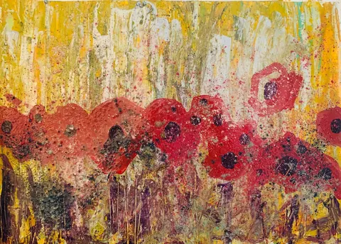 Sold original by Agata May'kowska — Abstract painting with yellow, red, black, and brown colors, featuring textured red circular shapes and splashes of paint.