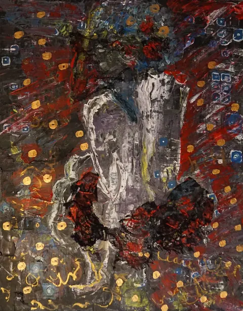 Sold original by Agata May'kowska — Abstract portrait of a woman with curly hair, wearing a red jacket, against a colorful dotted background.