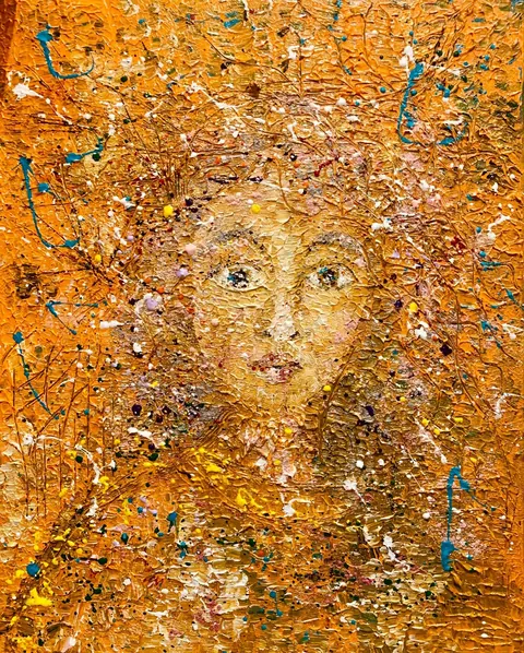 Sold original by Agata May'kowska — Abstract textured painting of a woman’s face with orange background, featuring thick brushstrokes and colorful splatters of paint.