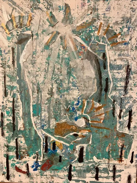 Sold original by Agata May'kowska — Abstract textured painting with a mix of teal, beige, brown, and black colors, featuring a central white outlined shape resembling a seated figure or object, with…