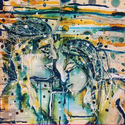 Sold original by Agata May'kowska — Abstract watercolor painting of two women with long hair, their faces near each other, touching foreheads, surrounded by colorful circles, dots, and lines.