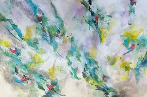 Sold original by Agata May'kowska — Abstract watercolor painting with splashes of blue, yellow, red, green, black, and purple on a light background.