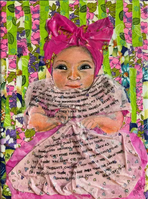 Sold original by Agata May'kowska — An artistic collage of a smiling young girl with a pink headscarf and a pink garment, set against a colorful, floral-patterned background. The girl's face is depicted…