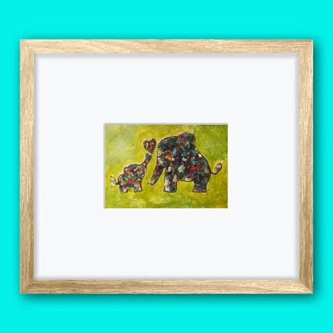 Sold original by Agata May'kowska — Artistic collage of two elephants, one small and one large, made from colorful mosaic pieces, set against a bright green background.