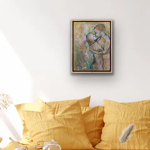 Sold original by Agata May'kowska — A bedroom with yellow bedding, a glass container and feathers on the surface, a painting of a kissing couple hanging on a white wall.