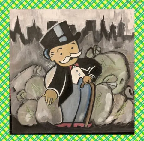 Sold original by Agata May'kowska — A cartoon character resembling Rich Uncle Pennybags from Monopoly, dressed in a top hat and tuxedo, standing among large bags of money marked with dollar signs, with a…