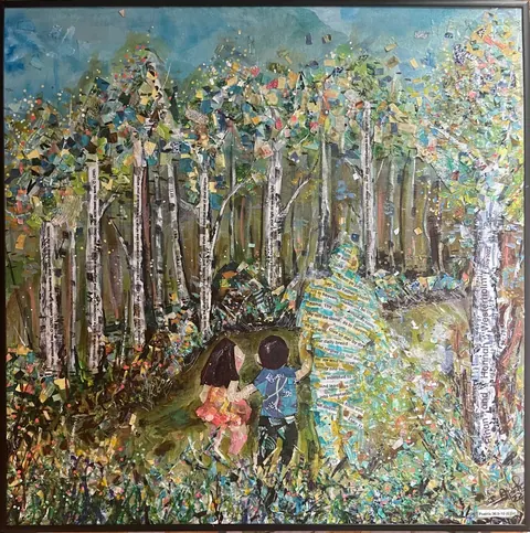 Sold original by Agata May'kowska — A collage artwork depicting a forest scene with trees, leaves, and two children holding hands walking along a path. Pages of text are integrated into the trees and…