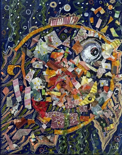 Sold original by Agata May'kowska — Collage artwork of a woman’s face created with torn paper and fabric, set against a dark, patterned background.
