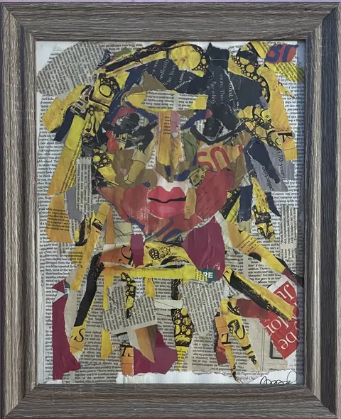 Sold original by Agata May'kowska — Collage of torn newspaper and magazine pieces arranged to form a portrait of a woman with red lips, framed in a wooden frame.