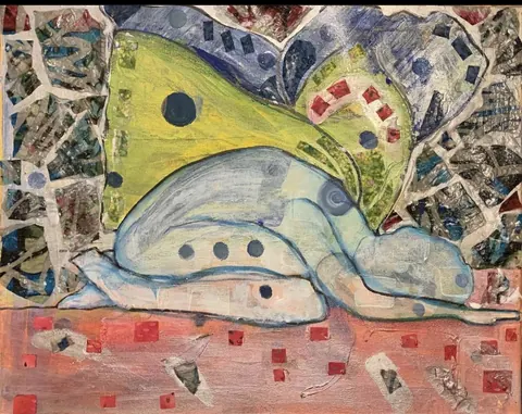 Sold original by Agata May'kowska — Collage-style artwork featuring overlapping mountainous shapes in bright colors, with black dots, set against a background that includes abstract patterns and textured…