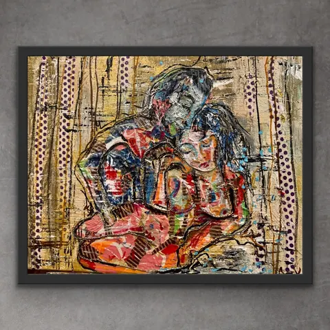 Sold original by Agata May'kowska — Colored abstract painting of a person hugging a child, with a background featuring purple polka dots and gold textures.