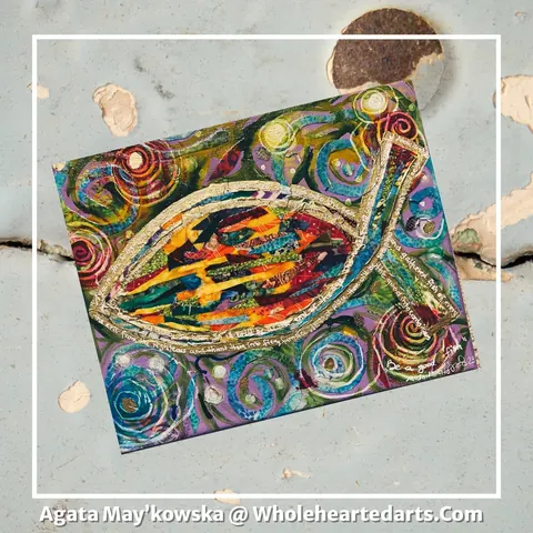Sold original by Agata May'kowska — Colorful abstract artwork featuring a central eye shape with multiple rainbow-colored fragments, surrounded by vibrant swirling patterns and gold accents, created by…