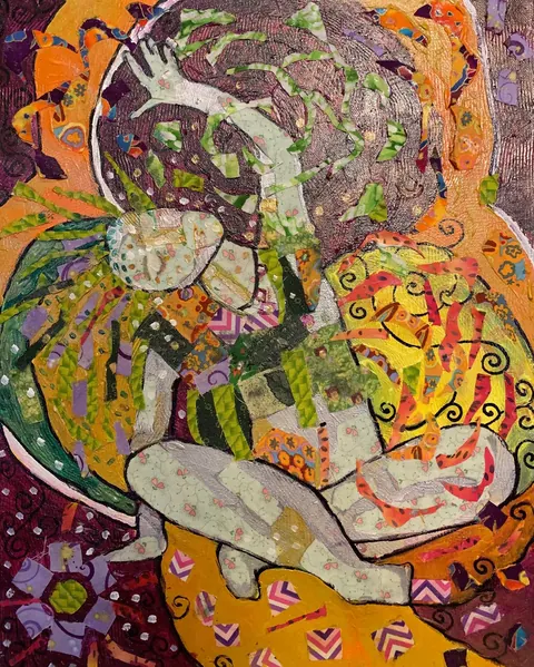 Sold original by Agata May'kowska — A colorful abstract artwork of a person with curly hair, wearing a sleeveless garment, sitting with a dog, surrounded by swirling patterns and vibrant colors.