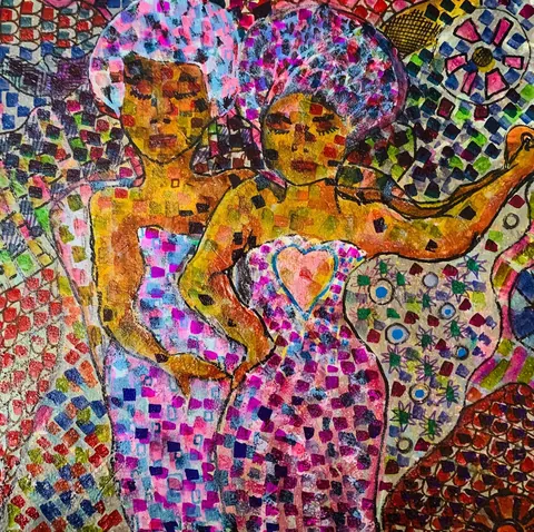 Sold original by Agata May'kowska — Colorful abstract artwork of two women and a baby, with vibrant patterns and mosaic-like details