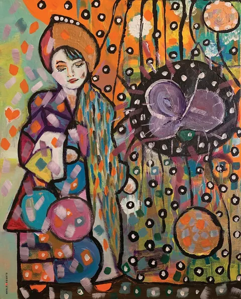 Sold original by Agata May'kowska — A colorful abstract painting featuring a woman with closed eyes, wearing a hat and a multicolored coat. Around her are various shapes, vibrant colors, and a large purple…