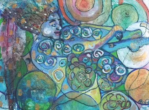 Sold original by Agata May'kowska — A colorful abstract painting featuring a woman with curly hair, surrounded by swirling and circular patterns in vibrant shades of blue, green, yellow, pink, and orange.