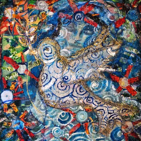 Sold original by Agata May'kowska — A colorful abstract painting featuring swirling patterns, a woman's face, and various shapes in vibrant blues, reds, greens, and gold accents.