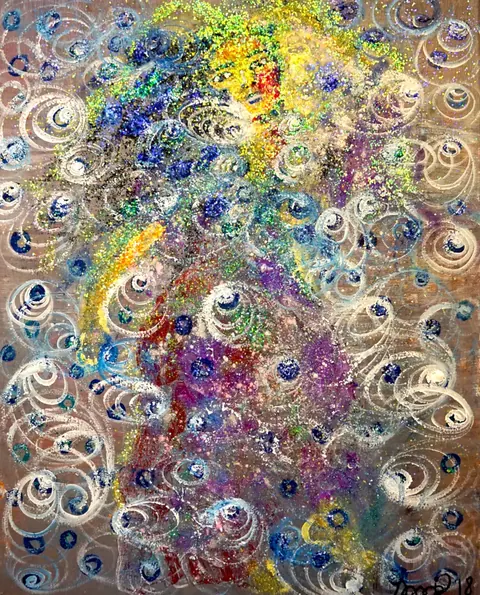 Sold original by Agata May'kowska — Colorful abstract painting featuring swirling patterns, rainbow colors, and glitter accents.