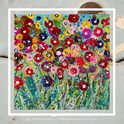 Sold original by Agata May'kowska — A colorful abstract painting of a field of flowers with red, pink, yellow, and purple blossoms and green stems