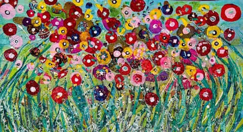 Sold original by Agata May'kowska — Colorful abstract painting of a field of flowers with red, pink, yellow, and purple blooms, green stems, and a textured background with splashes of white and blue.